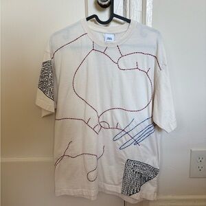 Zara Cream T-Shirt with Red Stitching